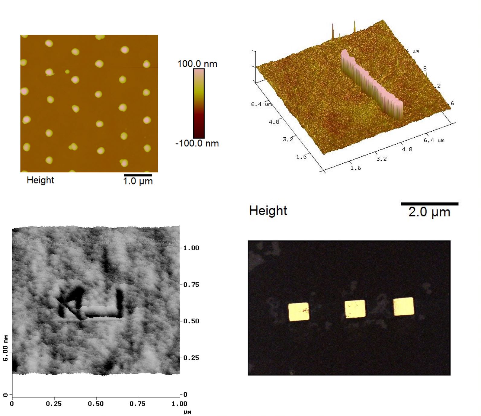 Images of metal nanodots fabricated using particle lithography, metal nanowires created with AFM-based methods, a nanoscale KU fabricated using the AFM, and metal nanostructures created with novel salt-based resist materials.